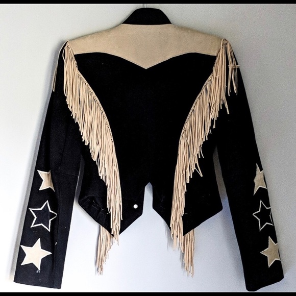 Western Fringe Denim Jean Jacket Black White Stars - Picture 2 of 4
